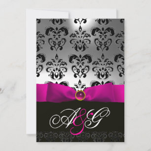 INVITATION RUBAN FUCHSIA BLANC NOIR MONOGRAMME DAMASSÉ