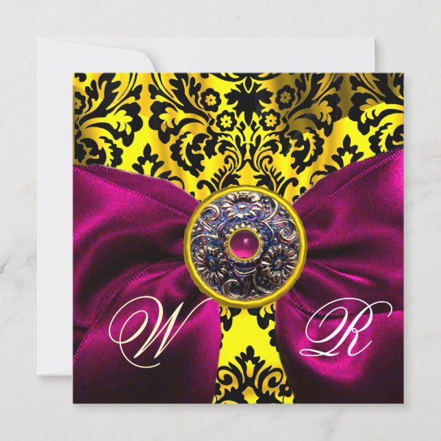 INVITATION RUBAN FUCHSIA OR JAUNE NOIR DAMAS MONOGRAMME (Devant)