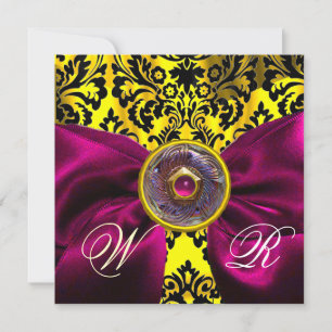 INVITATION RUBAN FUCHSIA OR JAUNE NOIR  DAMAS MONOGRAMME