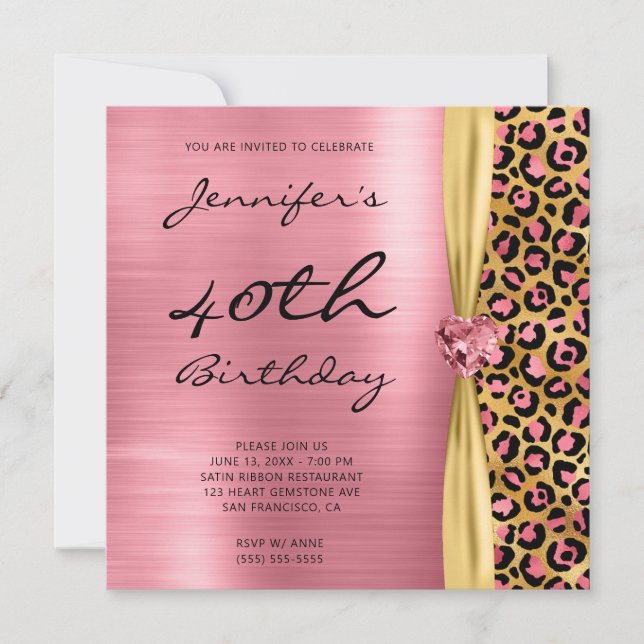 Invitation Ruban Gem Gem Leopard d'or rose 40e anniversaire (Devant)