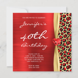 Invitation Ruban Gemme Feuille de Leopard Or Rouge 40e Annive