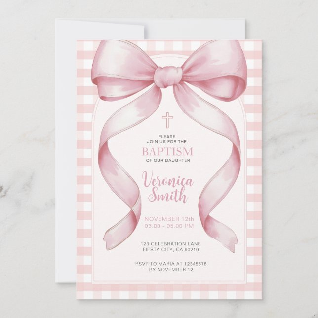 Invitation Ruban Girl Baptême Pink Bow Pearl Collier (Devant)