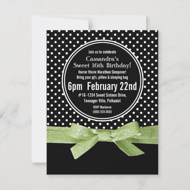 Invitation Ruban Girly de vert de chaux du bonbon 16 à pois (Devant)