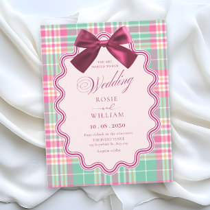 Invitation Ruban magenta et mariage carreaux rose