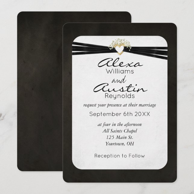 Invitation Ruban Mariage noir dans le coeur de l'or (Devant / Derrière)