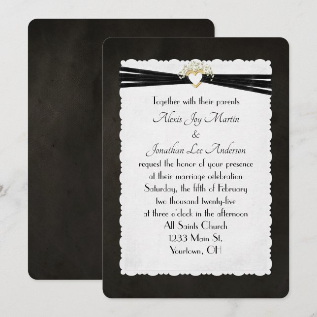 Invitation Ruban Mariage noir dans le coeur de l'or (Devant / Derrière)