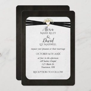 Invitation Ruban Mariage noir dans le coeur de l'or