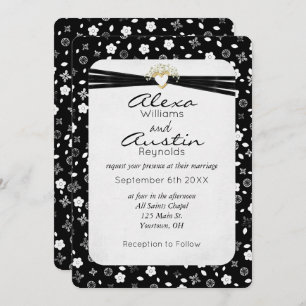 Invitation Ruban Mariage noir dans le coeur de l'or