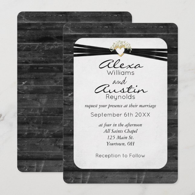 Invitation Ruban Mariage noir et coeur sur bois (Devant / Derrière)