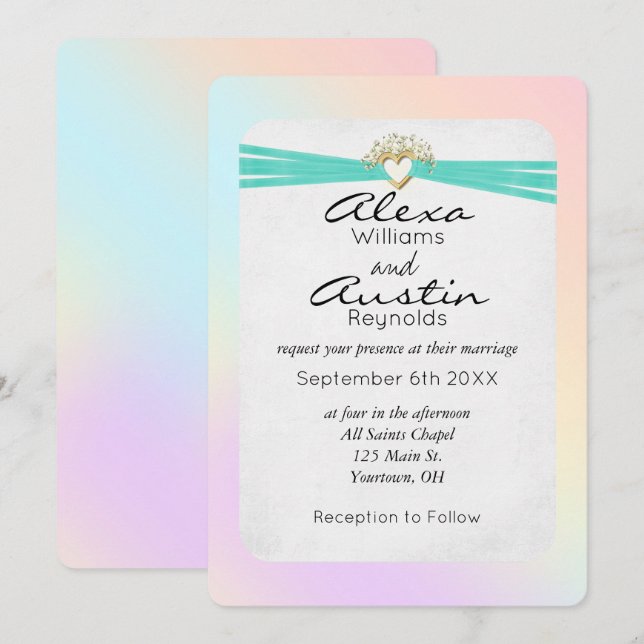Invitation Ruban Mariage Turquoise dans le coeur d'or (Devant / Derrière)