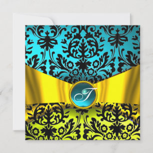 INVITATION RUBAN OR JAUNE BLEU TURQUOISE NOIR DAMAS MONOGRAMM