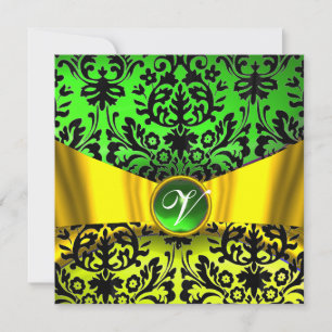 INVITATION RUBAN OR JAUNE ÉMERAUDE NOIR DAMAS MONOGRAMME
