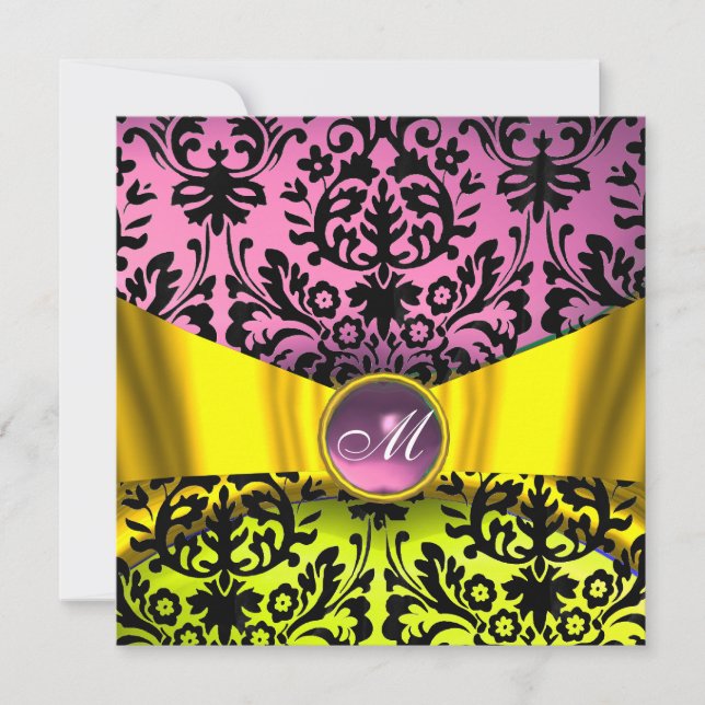 INVITATION RUBAN OR JAUNE NOIR ROSE DAMAS MONOGRAMME (Devant)