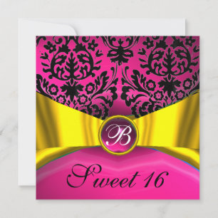 INVITATION RUBAN OR JAUNE NOIR ROSE DAMAS MONOGRAMME