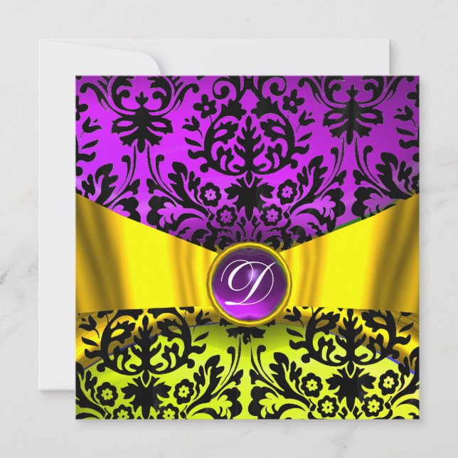 INVITATION RUBAN OR JAUNE VIOLET NOIR DAMAS MONOGRAMME (Devant)