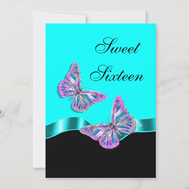 Invitation Ruban papillon noir rose bleu (Devant)