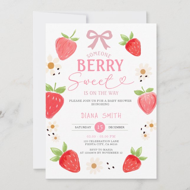 Invitation Ruban PINK En vichy Baby shower fraise (Devant)