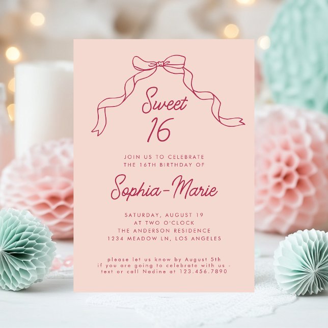 Invitation Ruban rose Bow Moderne Sweet 16 Anniversaire (Créateur téléchargé)