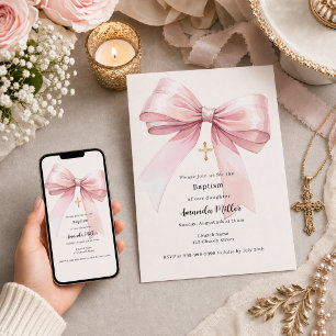 Invitation Ruban rose crème baptême fille