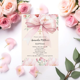 Invitation Ruban rose crème fleurs fille Baptême