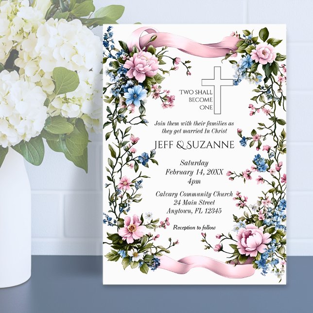 Invitation Ruban rose Croix florale Deux deviendront un  (Pink Ribbon Floral Cross Two Become One Invitations)