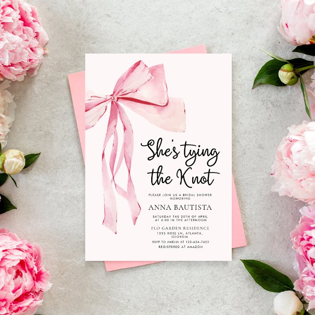 Invitation Ruban rose Elle fait le nœud Réception de mariage (Créateur téléchargé)