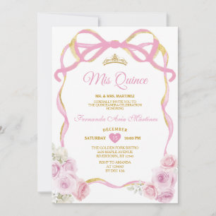 Invitation Ruban rose floral bleu Couronne or Mis Quince