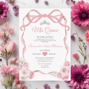 Invitation Ruban rose pâle à bow floral argenté Mis Quince
