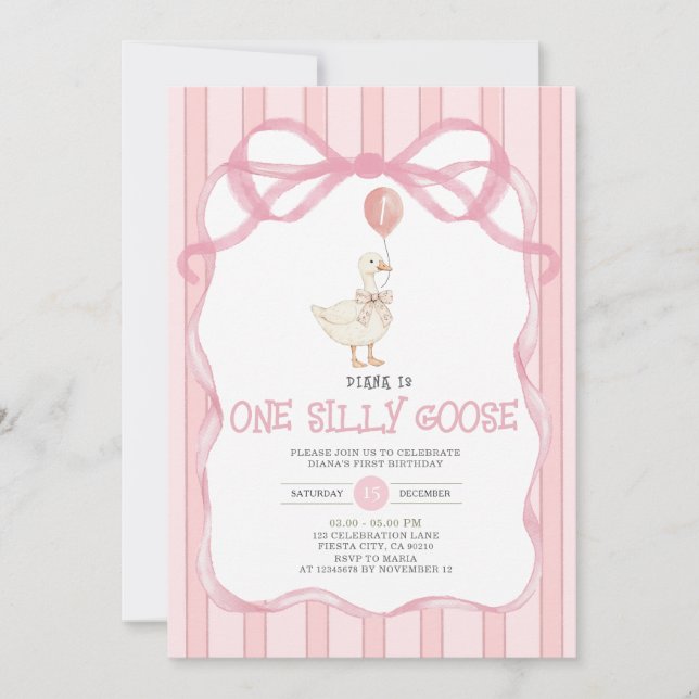 Invitation Ruban rose poussiéreux En vichy une oie sotte (Devant)