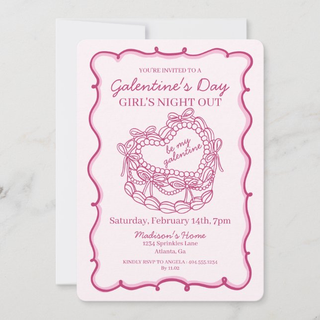 Invitation Ruban Rose Rétro Cœur Coquette Cake Galentine (Devant)