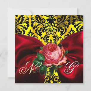 INVITATION RUBAN ROSE ROUGE DAMAS OR JAUNE NOIR MONOGRAMME