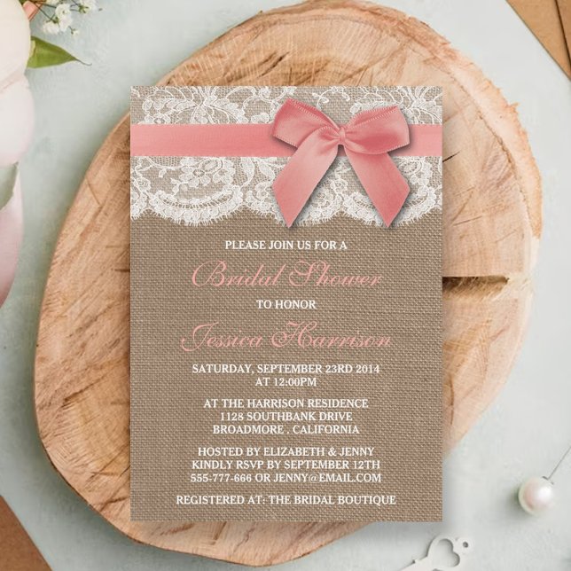 Invitation Ruban rose sur Burlap & Fête des mariées dentelle (Créateur téléchargé)