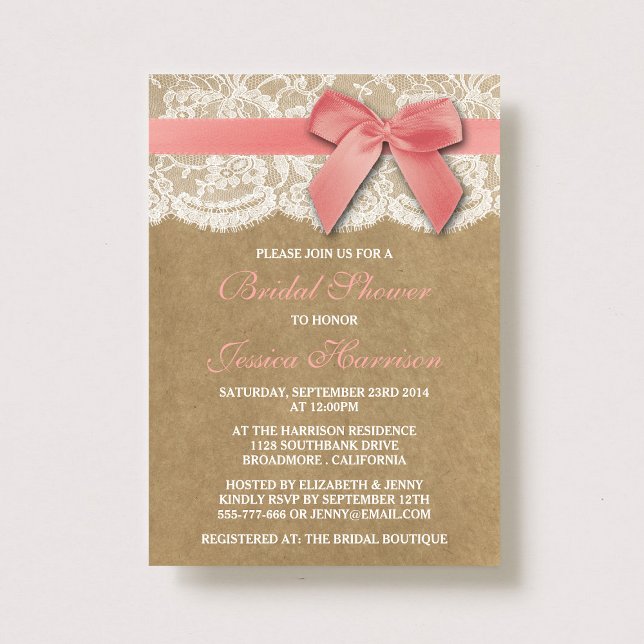 Invitation Ruban Rose Sur Kraft & Fête des mariées Dentelle (Créateur téléchargé)