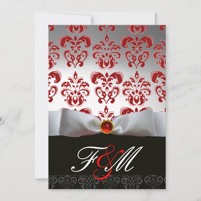 Invitation RUBAN ROUGE BLANC & MONOGRAMME EN DAMAS NOIR Rubis (Devant)