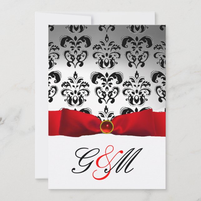 INVITATION RUBAN ROUGE BLANC NOIR  DAMAS MONOGRAMME (Devant)