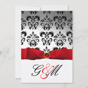 INVITATION RUBAN ROUGE BLANC NOIR DAMASSÉ MONOGRAMME
