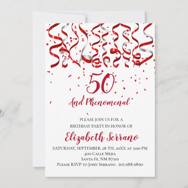 Invitation Ruban rouge et argent et Confetti rouge 50e annive (Devant)