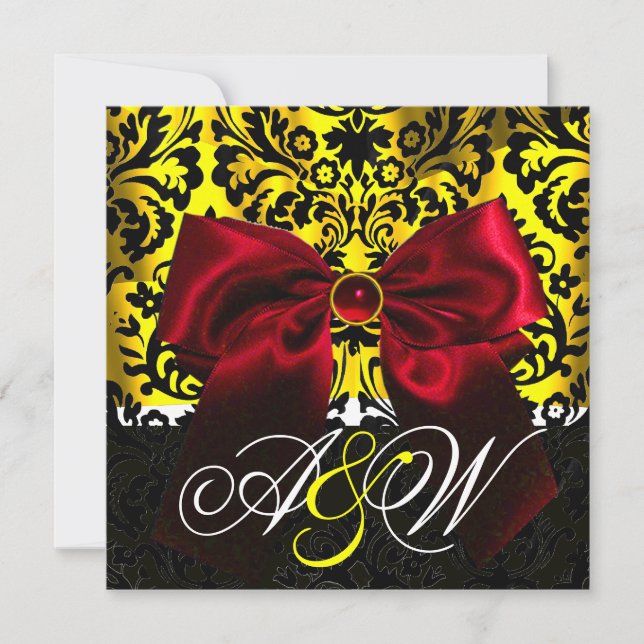 INVITATION RUBAN ROUGE OR JAUNE  NOIR  DAMAS MONOGRAMME (Devant)