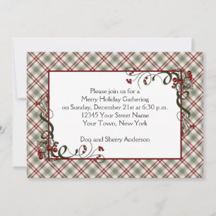 Invitation Ruban rouge vert Plaid Holly Berries