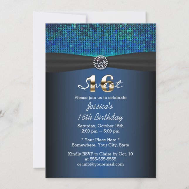Invitation Ruban Royal Blue Black de luxe Sweet 16 (Devant)