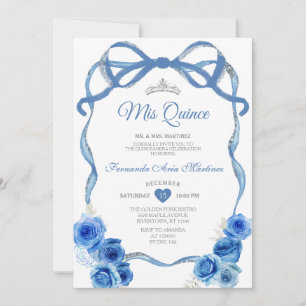 Invitation Ruban Royal Blue Floral Bow Silver Mis Quince