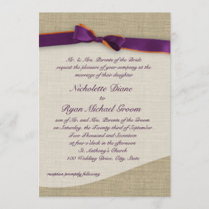 Invitation Ruban rustique et Mariage orange et violet Burlap