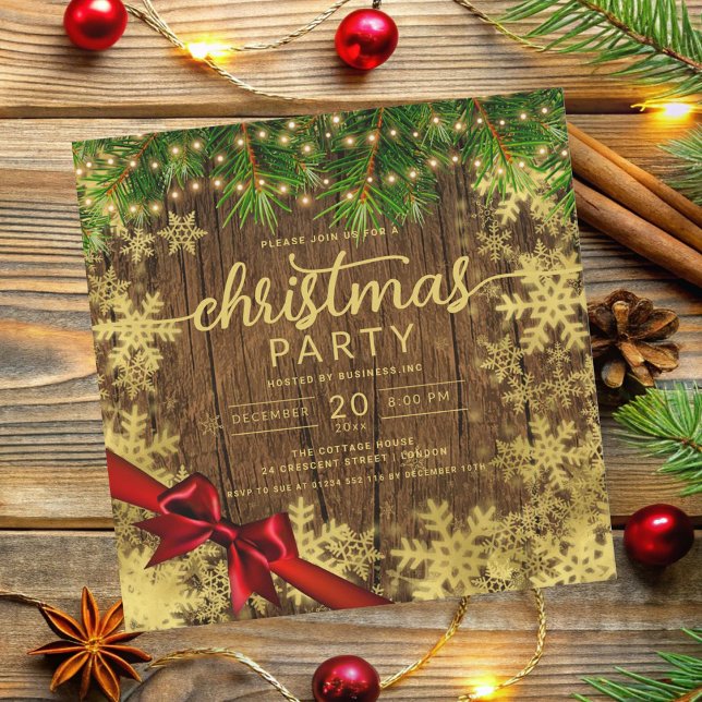 Invitation Ruban Rustique Gold Snow & Pine Lights Company Xma (Rustic Gold Snow & Pine Lights Company Xmas Ribbon Invitation)