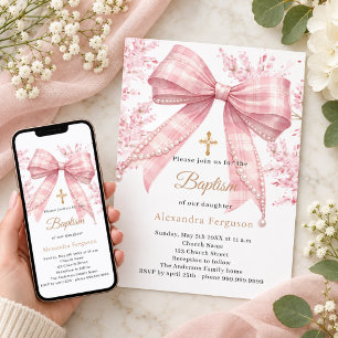 Invitation Ruban tartan floral rose fille Baptême