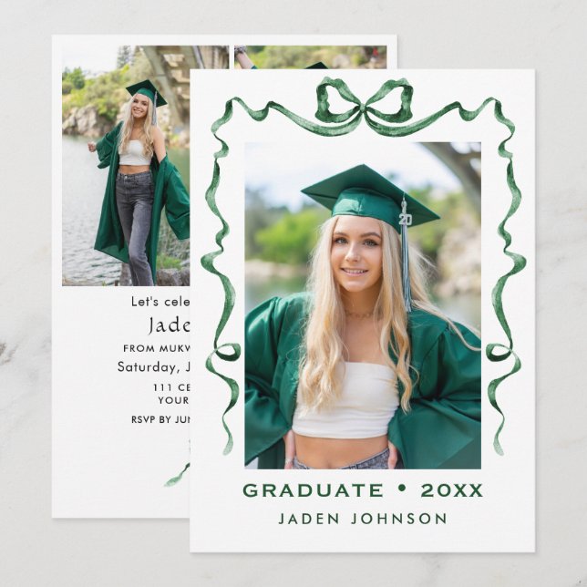 Invitation Ruban vert tendance 4 PHOTO Graduation Party I (Devant / Derrière)
