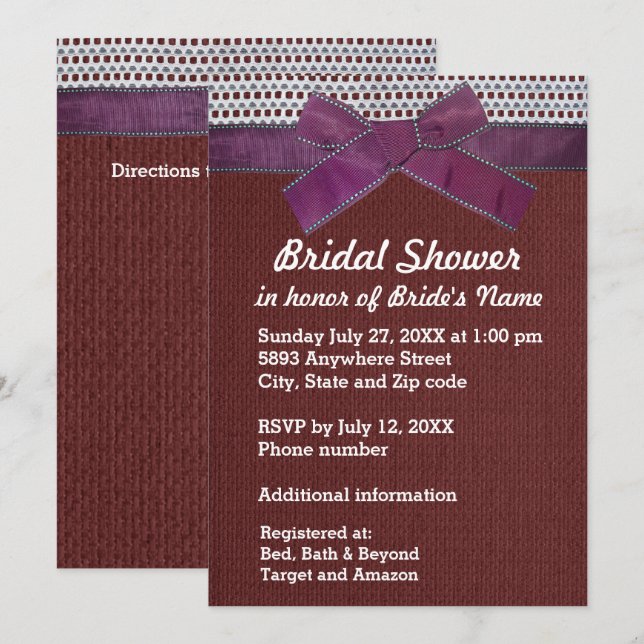 Invitation Ruban Violet, dentelle, Fête des mariées Burlap Ro (Devant / Derrière)