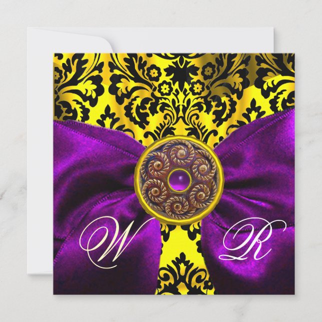 INVITATION RUBAN VIOLET  OR JAUNE  NOIR  DAMAS MONOGRAMME (Devant)