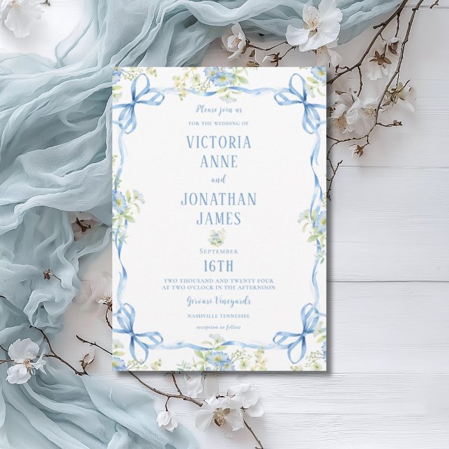 Invitation Rubans Bows Bleus et Mariage Cadre Floral (Créateur téléchargé)