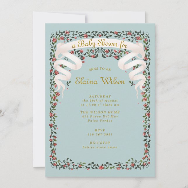 Invitation Rubans et Baby shower bleu Rose enchanteurs (Devant)