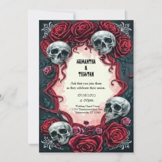 Invitation Rubans et crânes Rose Mariage gothique